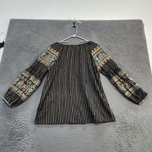 Ivy Jane Blouse Womens Medium Black Striped Embroidered Boho Peasant Tunic Top - Picture 5 of 6